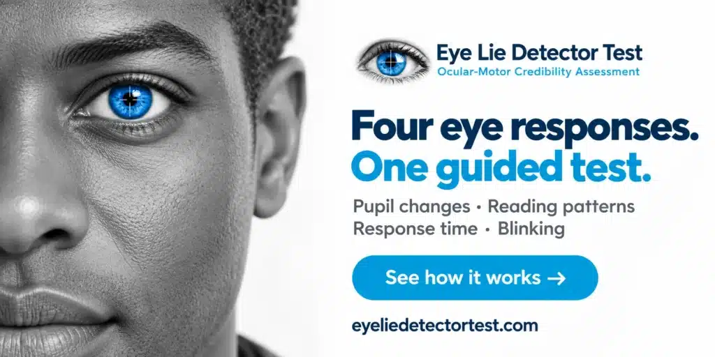 Eye lie detector test measuring pupil changes, reading patterns, response time and blinking - EyeLieDetectorTest.com